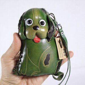 Green leather dog coin purse, small leather zippered puppy pouch, dog wallet